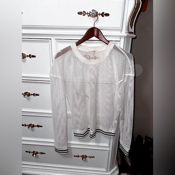 Truly Madly Deeply Open Knit Sweater, White with Striped Trim, Size Large - Picture 12 of 17